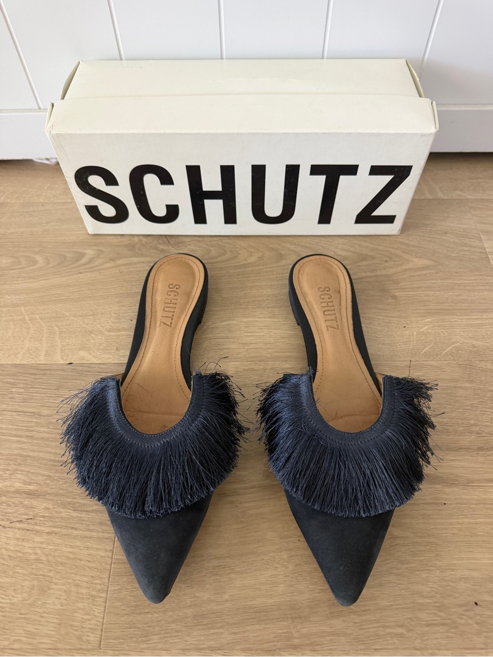 SCHUTZ Black Pointed Fringe Mules